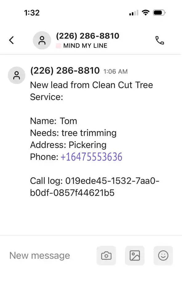 Text alert the owner receives after a call to Clean Cut Tree Services